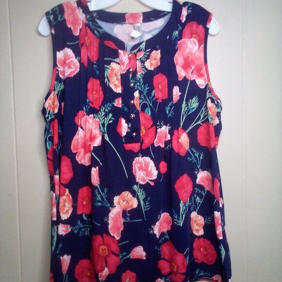PerSeption Concept Blouse L Sleeveless Floral Blue Red Green - Picture 12 of 13